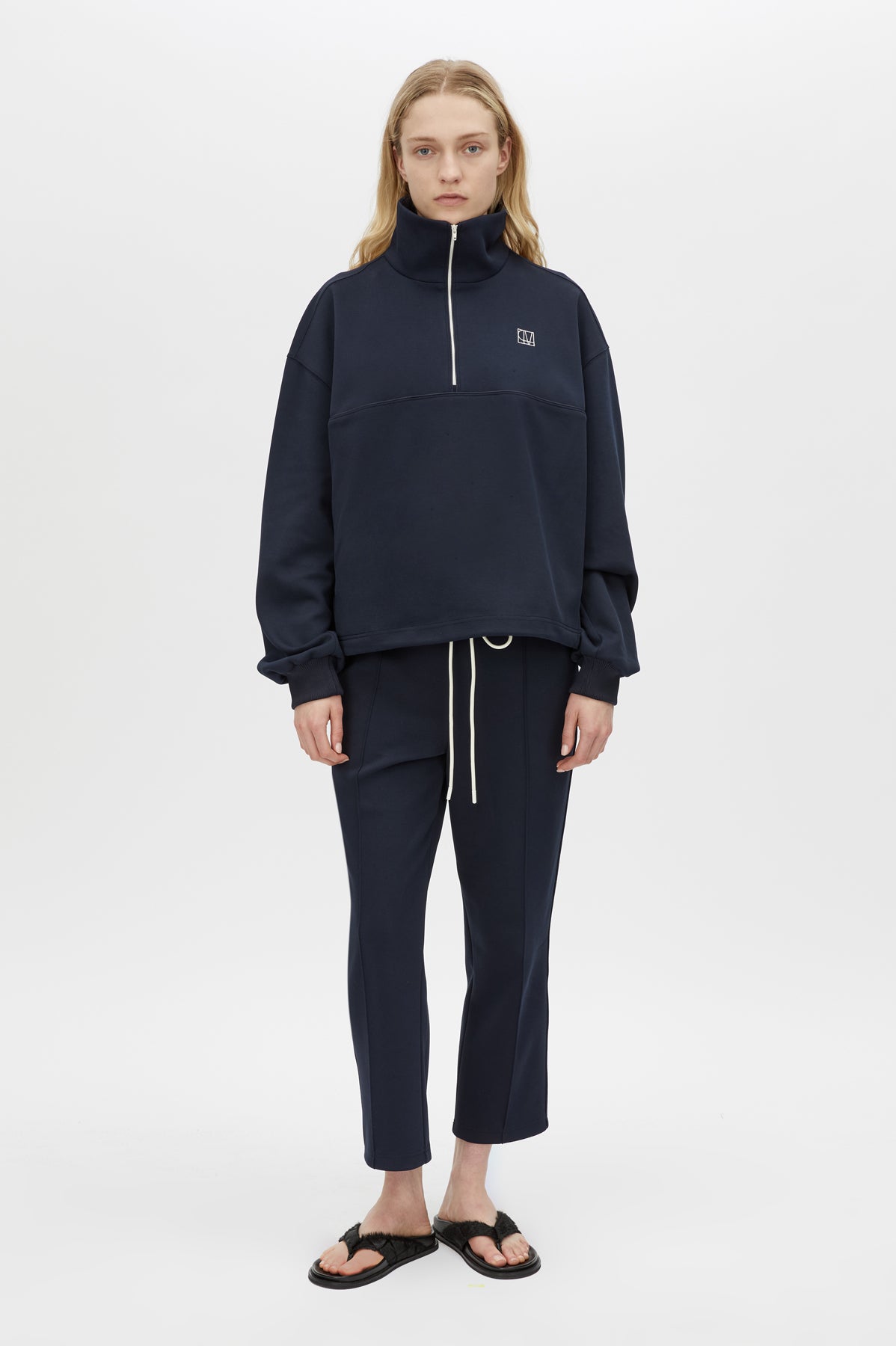 Front view CAMILLA AND MARC Zylus Sweater in Navy/White with a funnel neck and pullover design.