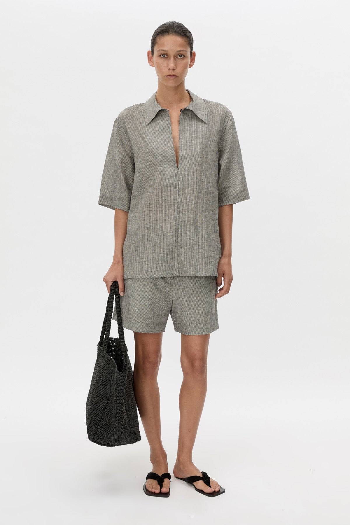 Phostre Stripe Linen Collared Top