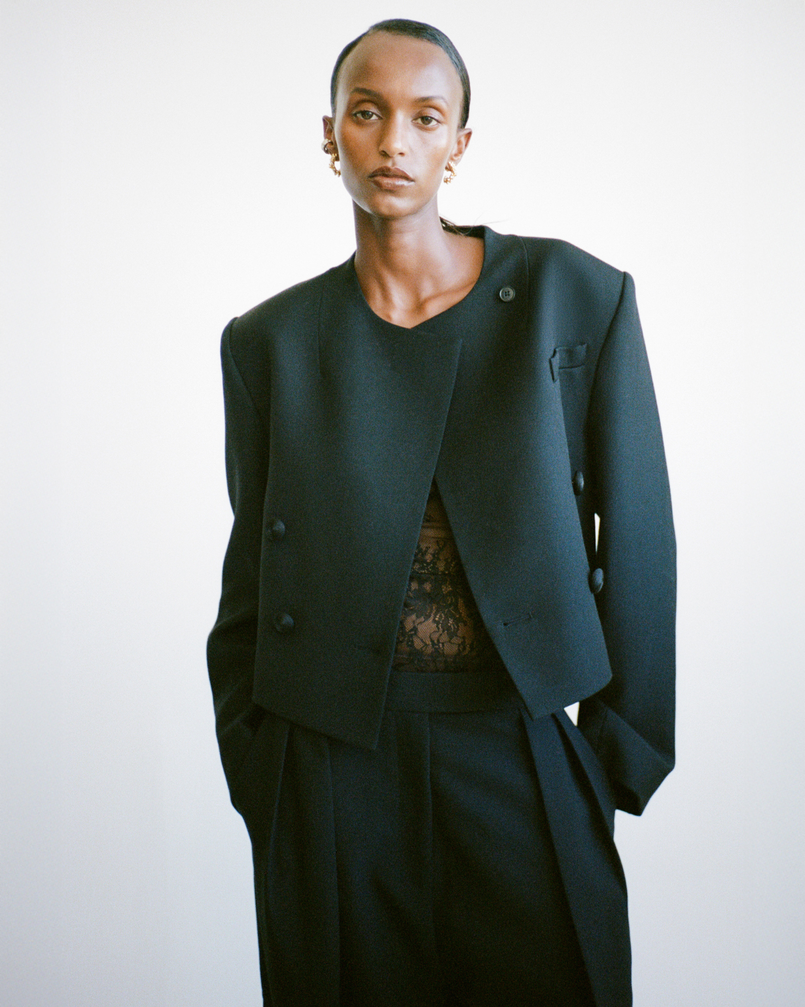 CAMILLA AND MARC PF26 - Caius Collarless Cropped Blazer in black close up view