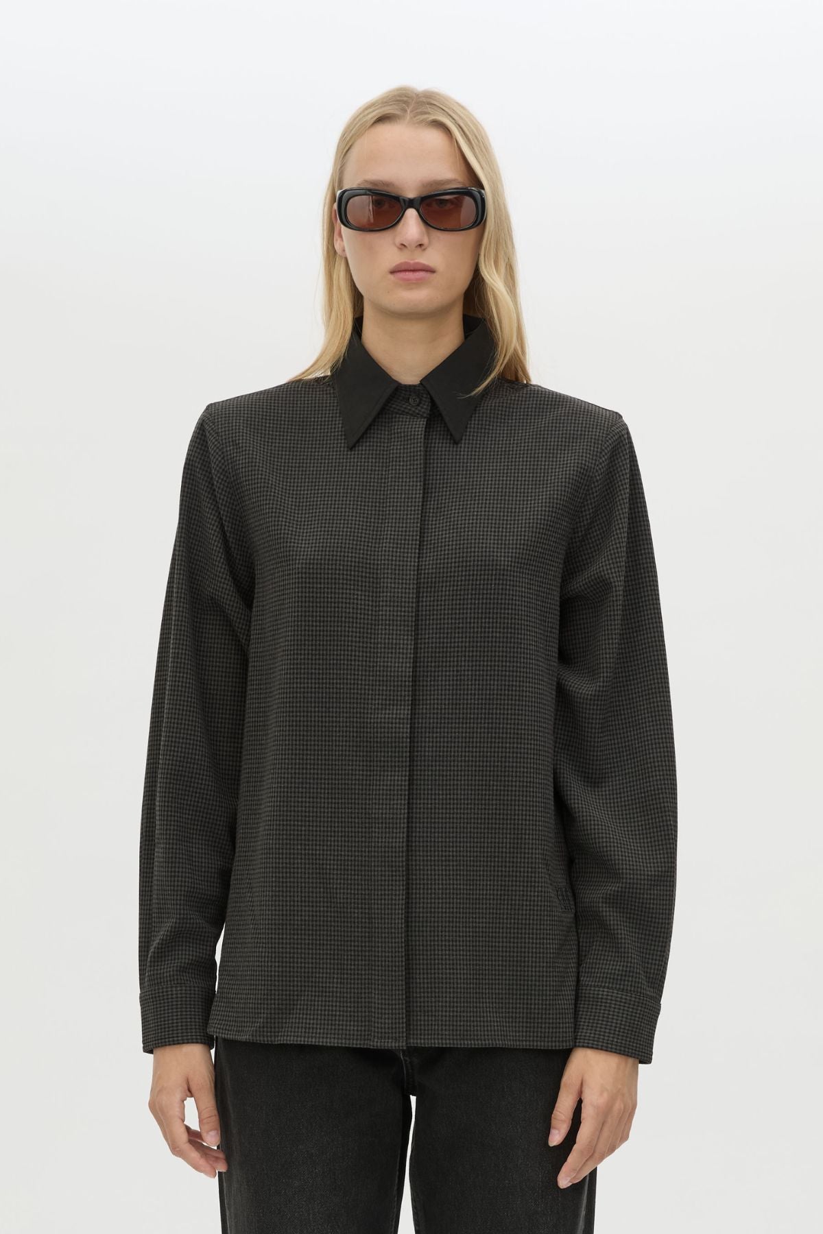 Cropped view CAMILLA AND MARC Genre Gingham Long-Sleeve Shirt in Steel Grey with contrast collar.