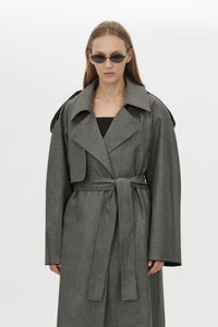 Close Up View CAMILLA AND MARC Ember Trech Coat in grey with oversized fit and waist belt.