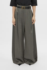 Cropped view CAMILLA AND MARC Mina Pant in Steel Grey Stripe with a high‑waisted wide‑leg silhouette and corseted waist.