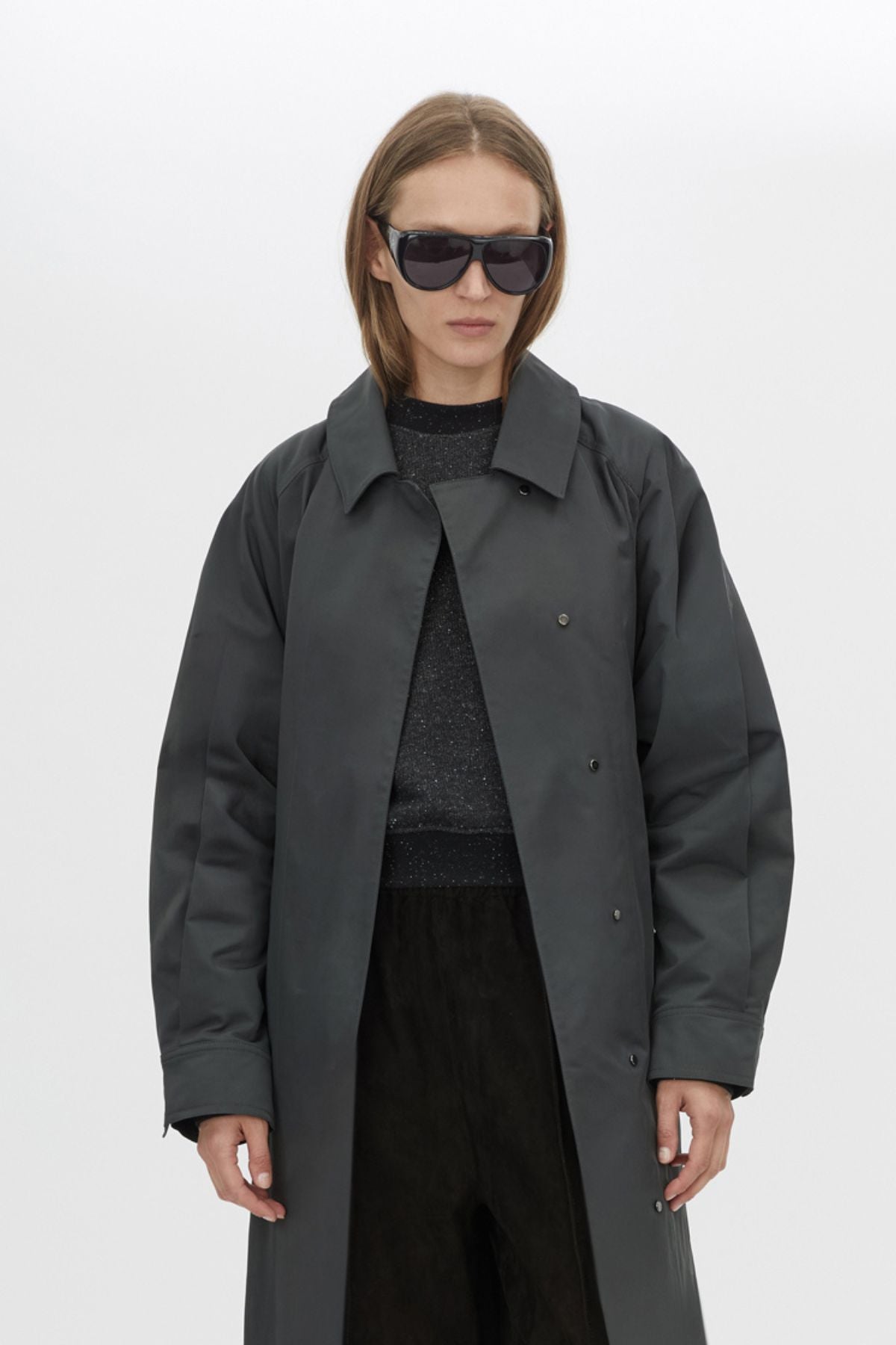 Cropped view CAMILLA AND MARC Mahdavi Trench in Grey with oversized silhouette and dropped raglan long sleeves.