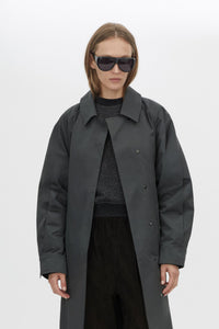 Cropped view CAMILLA AND MARC Mahdavi Trench in Grey with oversized silhouette and dropped raglan long sleeves.