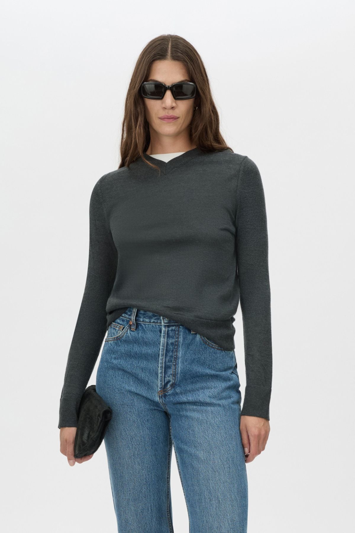 Leona Knit V Neck Sweater - CAMILLA AND MARC Leona long sleeve V neck sweater in charcoal melange