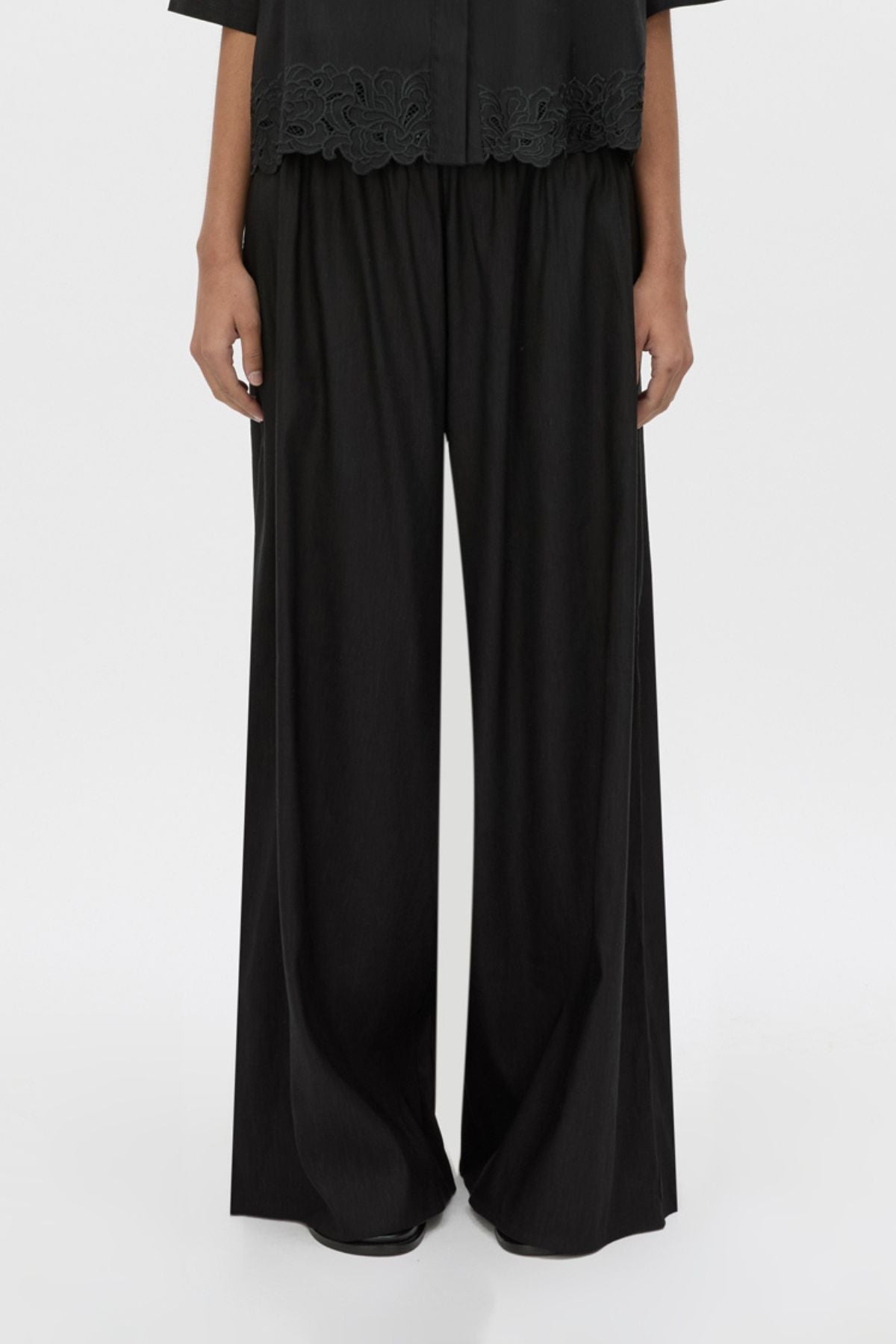 Cropped view CAMILLA AND MARC Chara Embroidered Relaxed Pant in Black with encased elastic waistband.