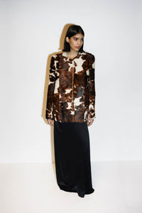 Styled campaign view CAMILLA AND MARC Myna Printed Jacket in chocolate fur leather.