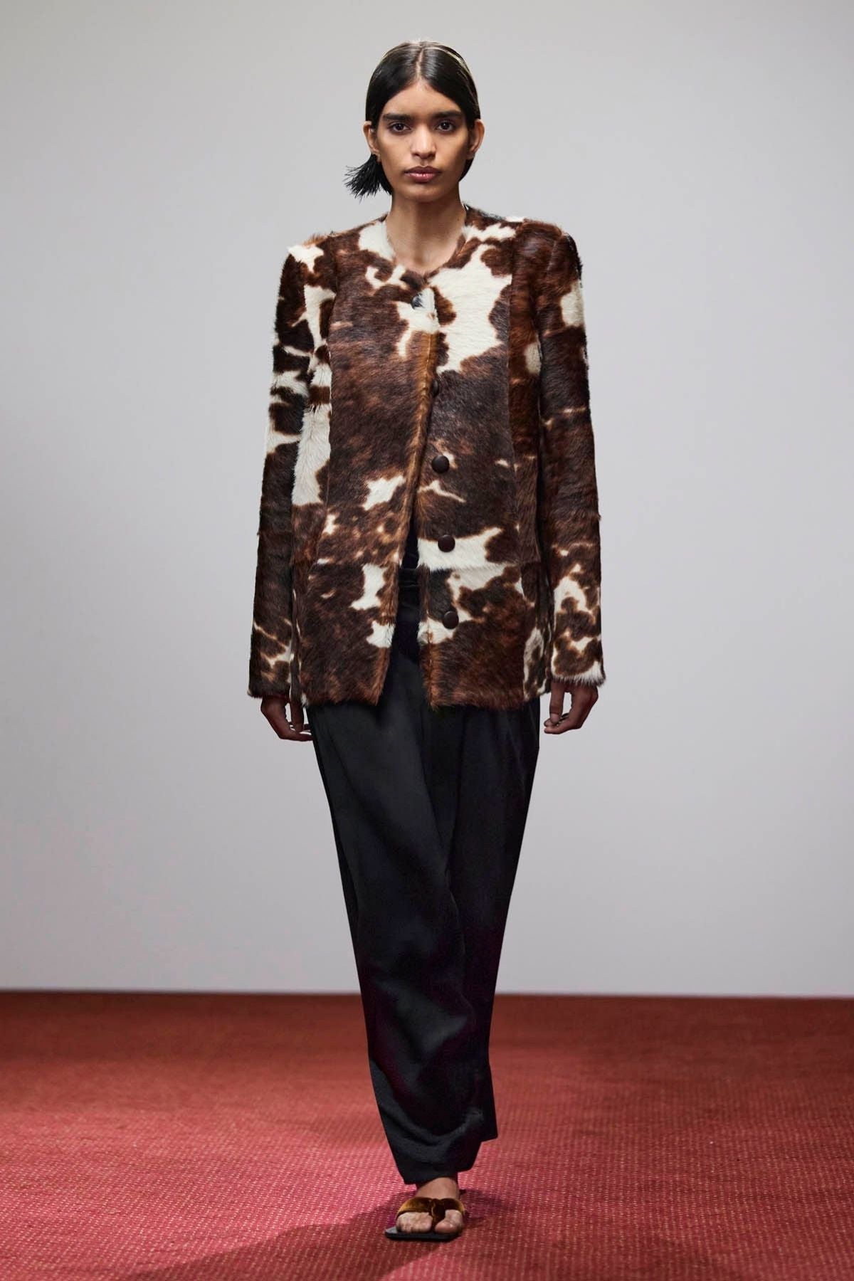 Runway view CAMILLA AND MARC Myna Printed Jacket in chocolate fur leather.