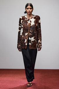 Runway view CAMILLA AND MARC Myna Printed Jacket in chocolate fur leather.