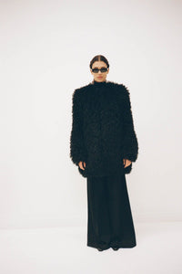 Campaign view CAMILLA AND MARC oversized Renley Short Coat in black faux‑fur.