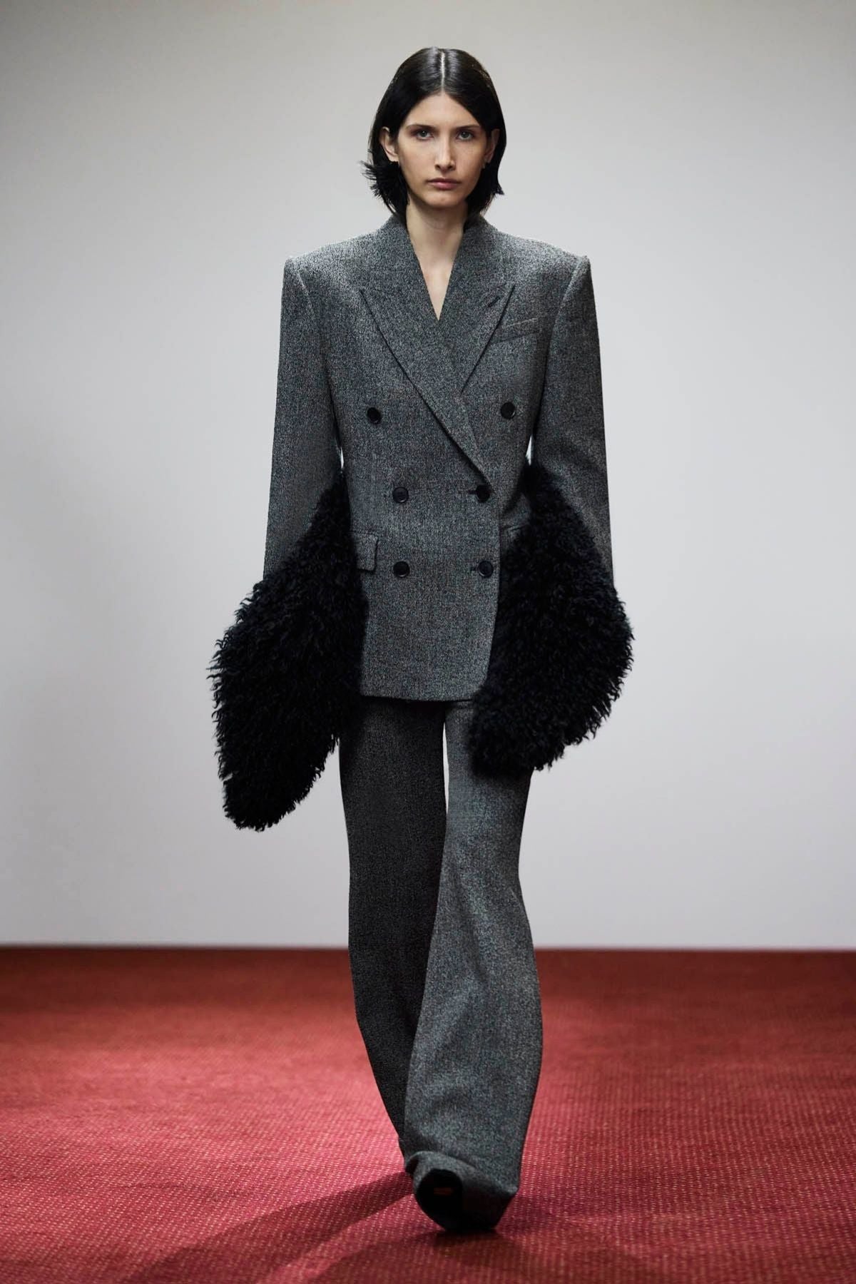 Runway view CAMILLA AND MARC Cinder Double Breasted Blazer in charcoal grey with relaxed shoulder.