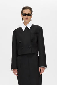 Cropped view CAMILLA AND MARC Caius Relaxed Cropped Blazer in Black with collarless neckline in Australian wool.