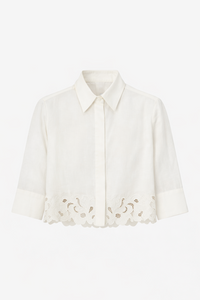 Ghost view CAMILLA AND MARC Chara Embroidered Cropped Shirt in Cream with short sleeves, lace hem and slight A‑line fit.