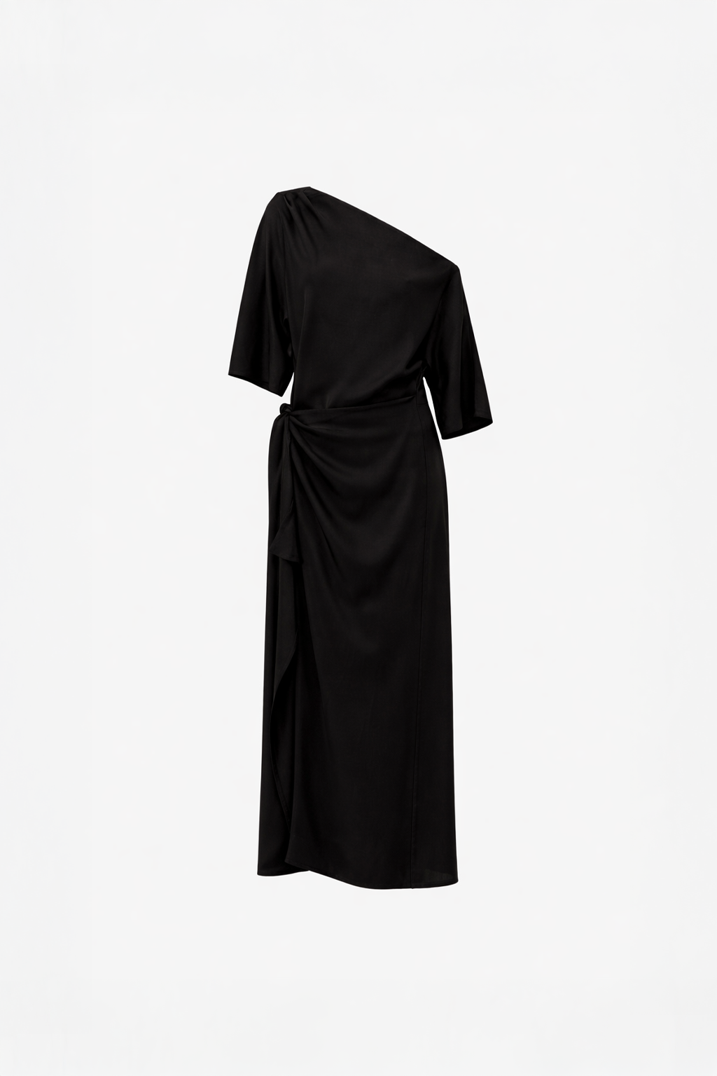 Ghost view CAMILLA AND MARC Elsen Off Shoulder Midi Dress in Black with asymmetric neckline.