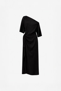 Ghost view CAMILLA AND MARC Elsen Off Shoulder Midi Dress in Black with asymmetric neckline.