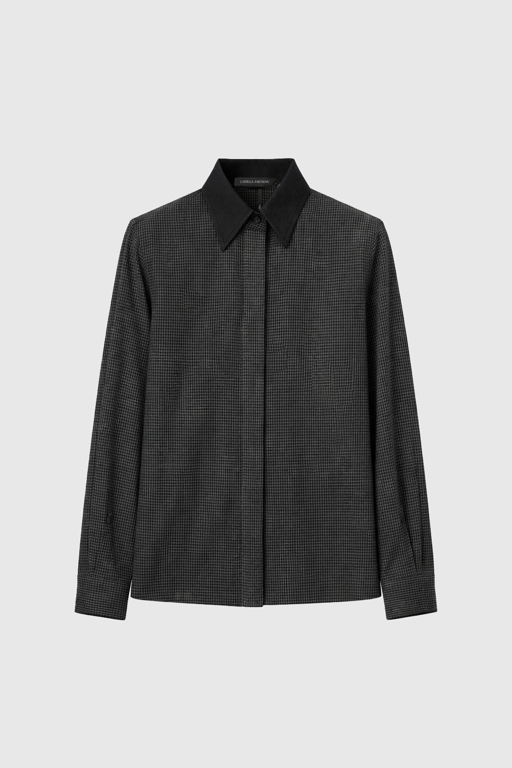 Ghost view CAMILLA AND MARC Genre Gingham Long-Sleeve Shirt in Steel Grey with contrast collar.